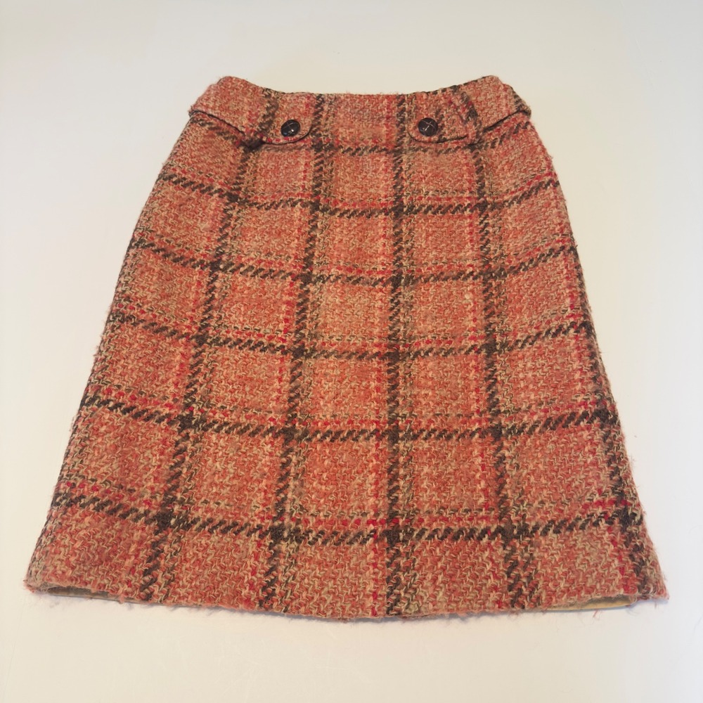 Talbots Skirt Orange Brown Plaid Tweed Vintage 90s 2P Petite Pencil Wool Blend